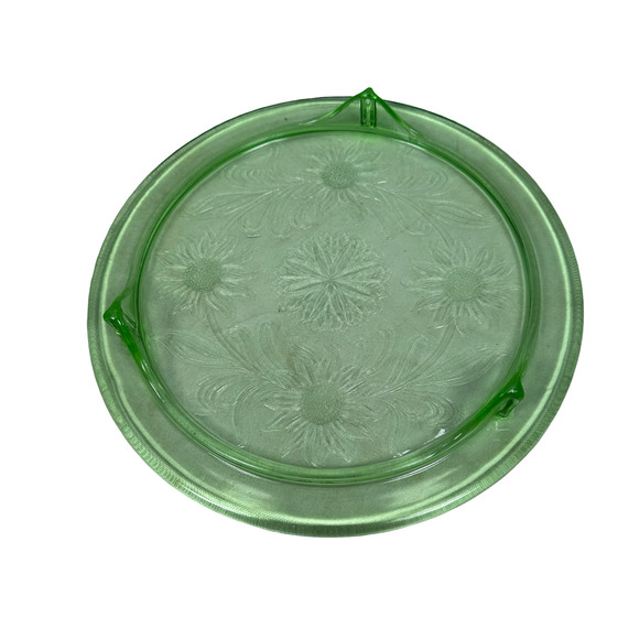 Vintage Jeannette Sunflower Footed Cake Plate 10" Uranium Depression Glass - Picture 3 of 6